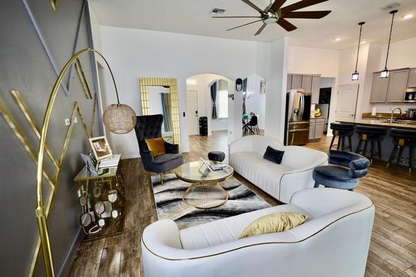 Interior, Kitchen, Living room, Pendant Lights, Recessed Lighting, Wood Texture Flooring