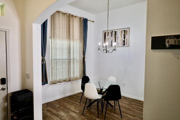 Chandelier, Dining room, Interior, Pendant Lights, Wood Texture Flooring