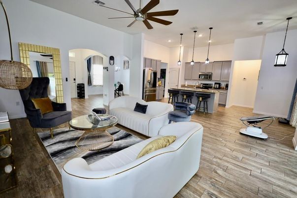 Interior, Kitchen, Living room, Pendant Lights, Recessed Lighting, Stainless Steel Appliances, Wood Texture Flooring