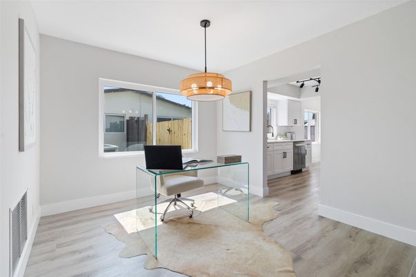 Home Office, Interior, Kitchen, Pendant Lights, Wood Texture Flooring