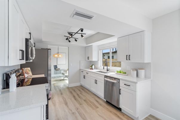 Interior, Kitchen, Pendant Lights, Stainless Steel Appliances, Wood Texture Flooring
