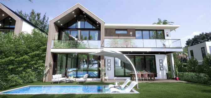 Exterior, Facade, Pool, Modern