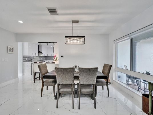 Dining room, Interior, Kitchen, Marble, Pendant Lights, Recessed Lighting