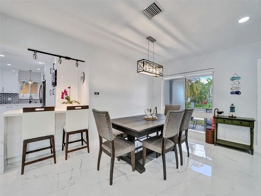 Dining room, Interior, Kitchen, Marble, Pendant Lights, Recessed Lighting