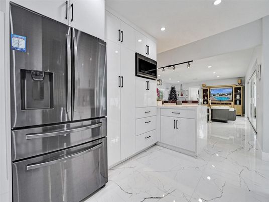 Interior, Kitchen, Marble, Recessed Lighting, Stainless Steel Appliances