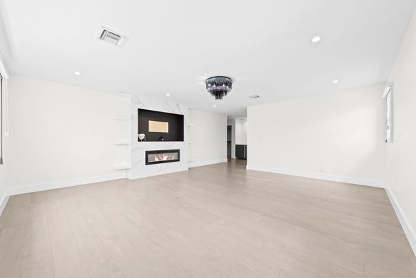 Empty room, Fireplace, Interior, Recessed Lighting, Wood Texture Flooring