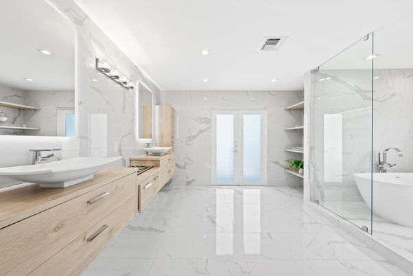 Bathroom, Dual Sink Vanities, Free Standing Baths, Glass Shower, Interior, Marble, Marble Walls, Recessed Lighting