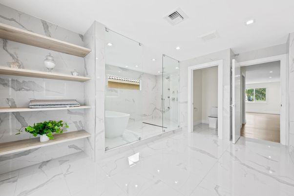 Bathroom, Free Standing Baths, Glass Shower, Interior, Marble, Marble Walls, Recessed Lighting