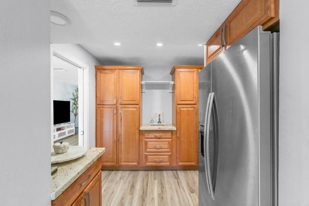 Interior, Kitchen, Recessed Lighting, Stainless Steel Appliances, Wood Texture Flooring