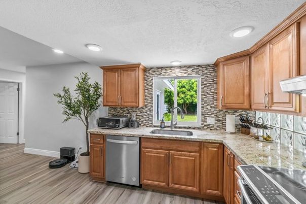 Interior, Kitchen, Recessed Lighting, Wood Texture Flooring