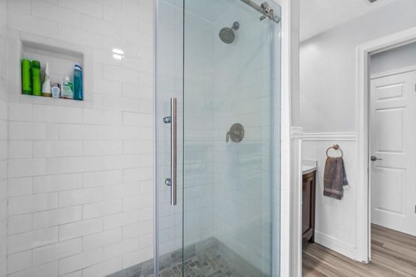Bathroom, Glass Shower, Interior, Recessed Lighting, Wood Texture Flooring