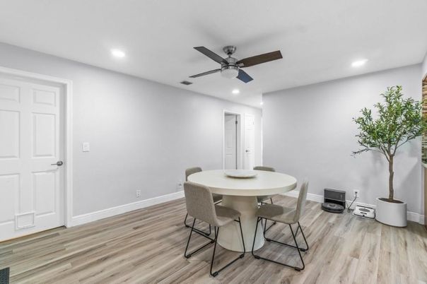 Dining room, Interior, Recessed Lighting, Wood Texture Flooring