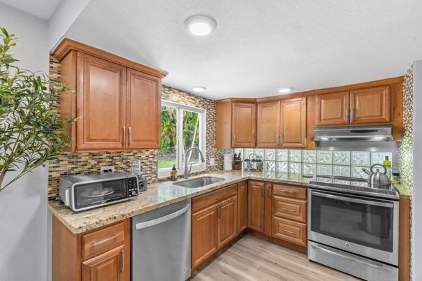 Interior, Kitchen, Recessed Lighting, Stainless Steel Appliances, Wood Texture Flooring
