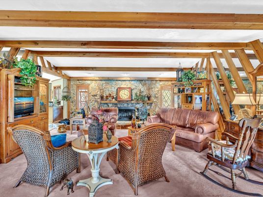 Fireplace, Interior, Living room, Recessed Lighting, Stone Walls, Wooden Beams