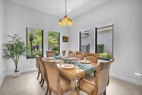 Dining room, Interior, Pendant Lights, Recessed Lighting, Wood Texture Flooring