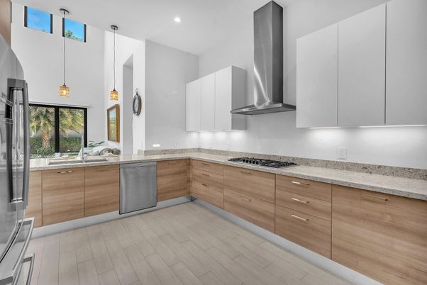 Interior, Kitchen, Pendant Lights, Recessed Lighting, Stainless Steel Appliances, Wood Texture Flooring