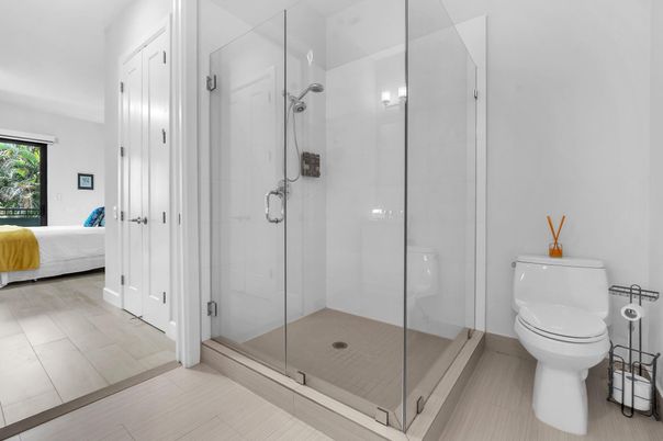 Bathroom, Bedroom, Glass Shower, Interior, Wood Texture Flooring