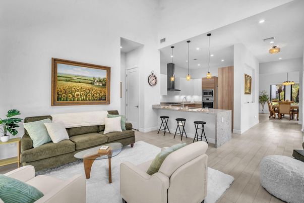 Dining room, Interior, Kitchen, Living room, Pendant Lights, Recessed Lighting, Stainless Steel Appliances, Wood Texture Flooring