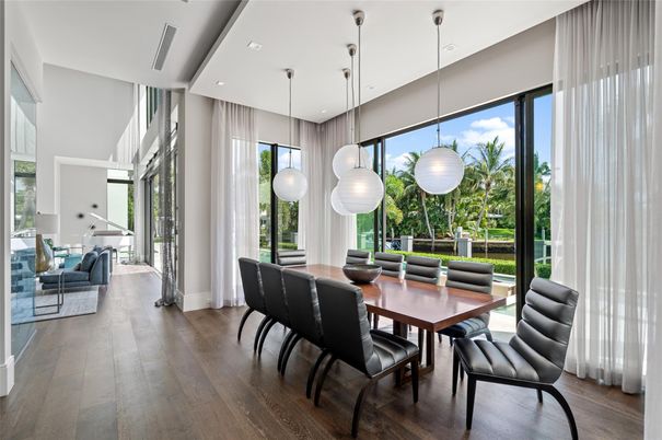 Dining room, Interior, Living room, Pendant Lights, Recessed Lighting, Wood Texture Flooring