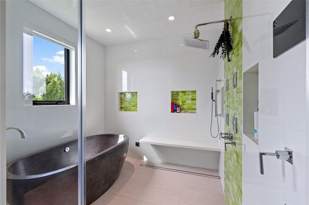 Bathroom, Free Standing Baths, Glass Shower, Interior, Recessed Lighting