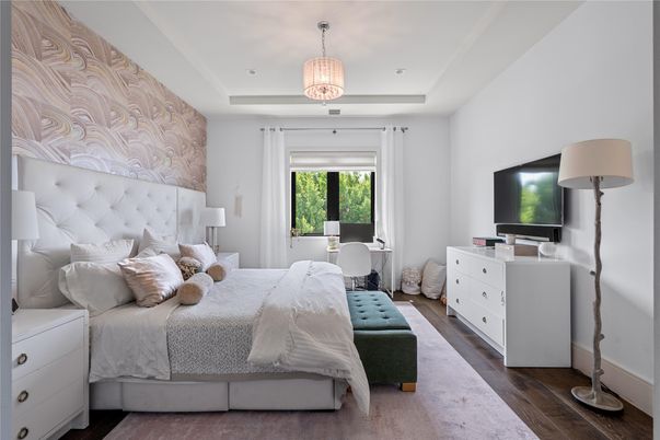 Bedroom, Interior, Pendant Lights, Recessed Lighting, Wood Texture Flooring