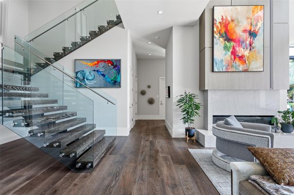 Fireplace, Interior, Recessed Lighting, Wood Texture Flooring