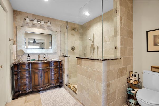 Bathroom, Glass Shower, Interior, Recessed Lighting, Stone Walls