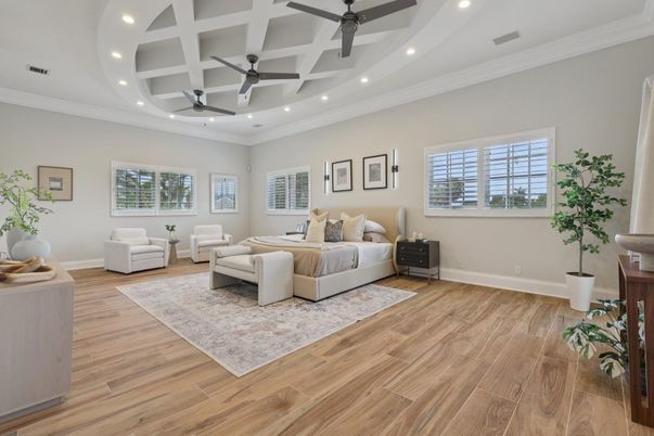 Bedroom, Interior, Recessed Lighting, Wood Texture Flooring