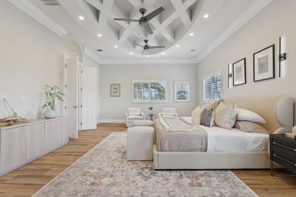 Bedroom, Interior, Recessed Lighting, Wood Texture Flooring