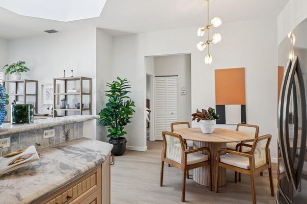 Dining room, Interior, Pendant Lights, Wood Texture Flooring