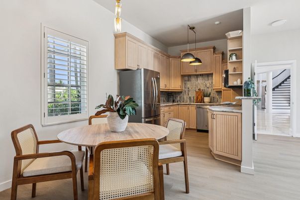 Dining room, Interior, Kitchen, Pendant Lights, Recessed Lighting, Stainless Steel Appliances, Wood Texture Flooring