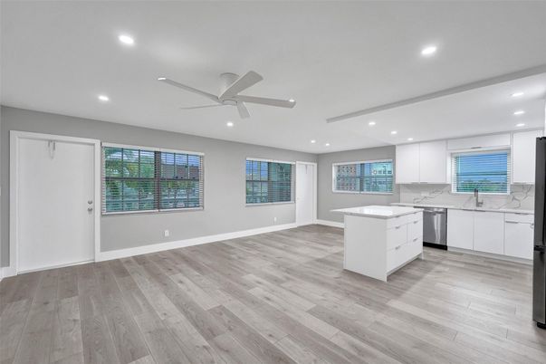 Empty room, Interior, Kitchen, Recessed Lighting, Wood Texture Flooring