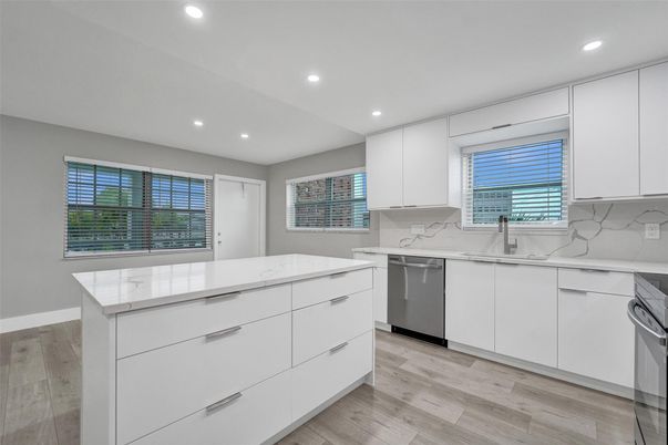 Interior, Kitchen, Marble Walls, Recessed Lighting, Wood Texture Flooring