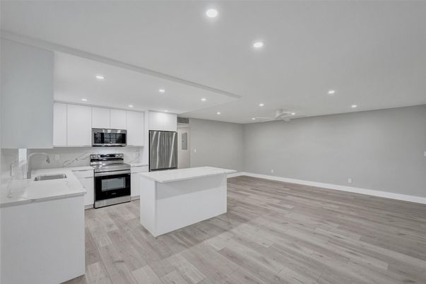 Interior, Kitchen, Recessed Lighting, Stainless Steel Appliances, Wood Texture Flooring