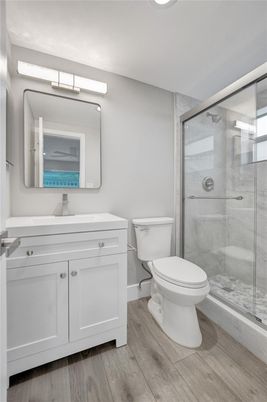 Bathroom, Glass Shower, Interior, Wood Texture Flooring