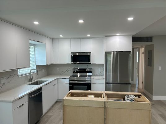 Interior, Kitchen, Recessed Lighting, Stainless Steel Appliances, Wood Texture Flooring