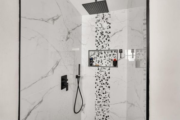 Bathroom, Glass Shower, Interior, Marble Walls