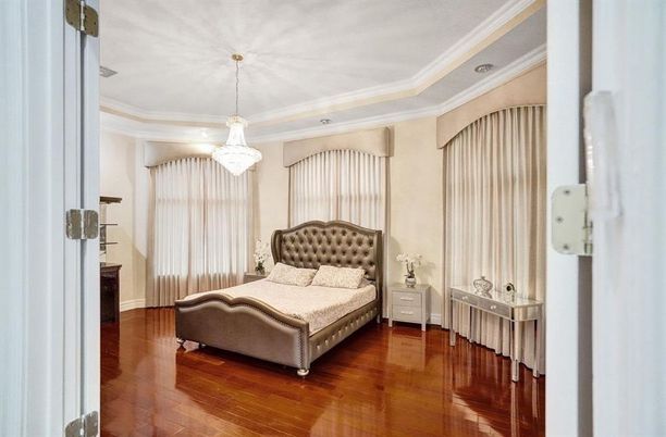 Bedroom, Chandelier, Interior, Recessed Lighting, Wood Texture Flooring