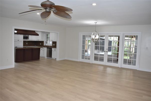 Chandelier, Empty room, Interior, Kitchen, Pendant Lights, Recessed Lighting, Wood Texture Flooring