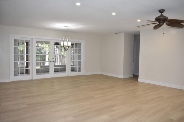 Empty room, Interior, Pendant Lights, Recessed Lighting, Wood Texture Flooring