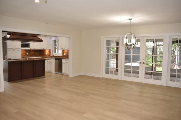 Empty room, Interior, Kitchen, Pendant Lights, Wood Texture Flooring