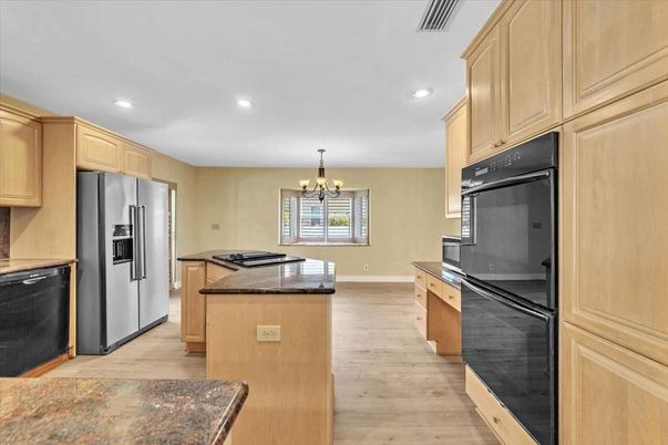 Chandelier, Interior, Kitchen, Recessed Lighting, Wood Texture Flooring