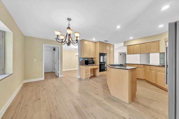 Chandelier, Interior, Kitchen, Recessed Lighting, Wood Texture Flooring