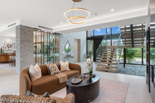 Interior, Living room, Pendant Lights, Recessed Lighting, Stone Walls