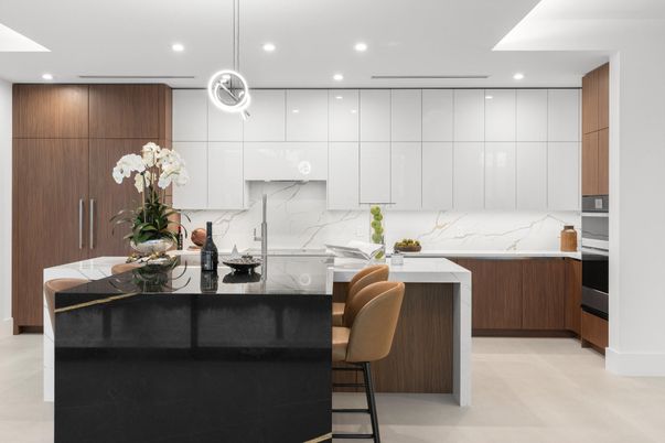 Interior, Kitchen, Marble Walls, Pendant Lights, Recessed Lighting, Stainless Steel Appliances