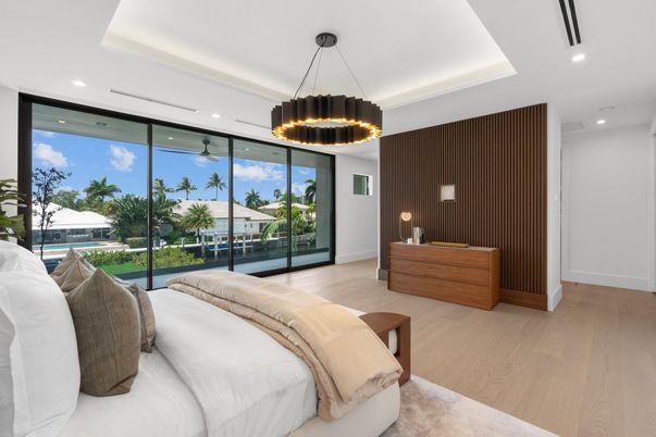 Bedroom, Interior, Pendant Lights, Recessed Lighting, Wood Texture Flooring