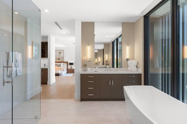 Bathroom, Dual Sink Vanities, Free Standing Baths, Glass Shower, Interior, Recessed Lighting, Wood Texture Flooring