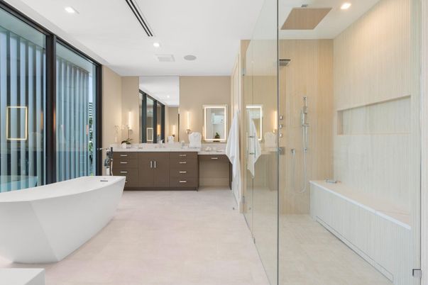 Bathroom, Dual Sink Vanities, Free Standing Baths, Glass Shower, Interior, Recessed Lighting