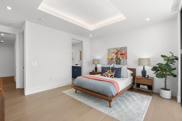 Bedroom, Interior, Recessed Lighting, Wood Texture Flooring