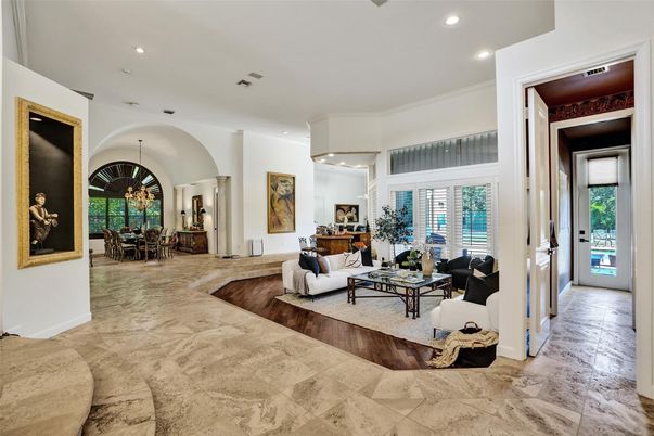 Chandelier, Dining room, Interior, Living room, Pendant Lights, Recessed Lighting, Wood Texture Flooring